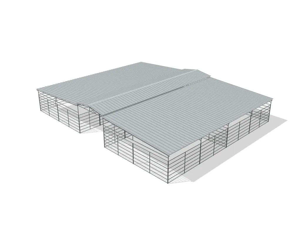 4-stall center aisle mare motel, 24 by 24 ft stalls, 12 ft aisle, Welded wire 6 ft, full roof, bare metal.