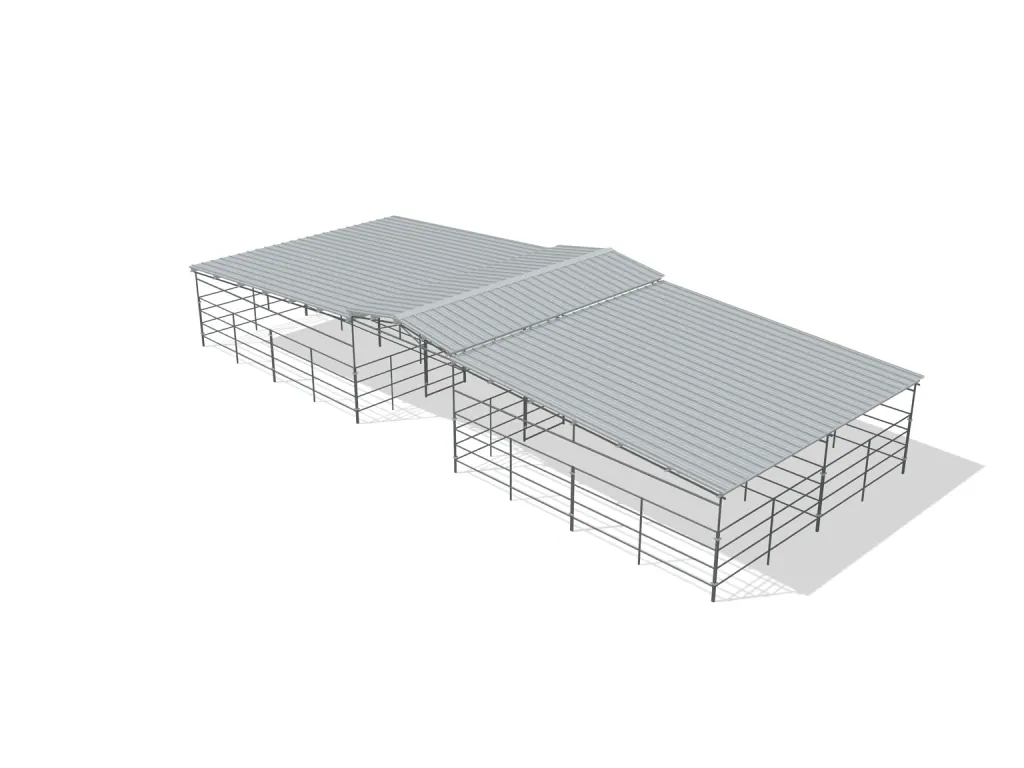 4-stall center aisle mare motel, 12 by 24 ft stalls, 12 ft aisle, 4 rail, full roof, bare metal.