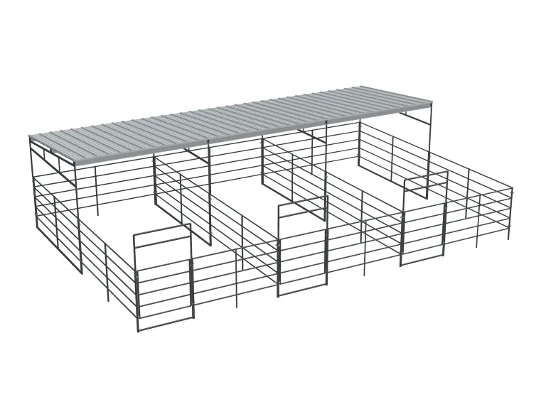 3-Stall 12x24, 5-Rail, Half Covered, Sloped Roof