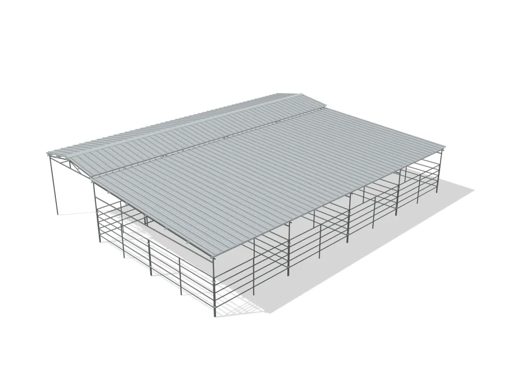 4-stall shed row mare motel, 12 by 24 ft stalls, 12 ft aisle, 5 rail, full roof, bare metal.