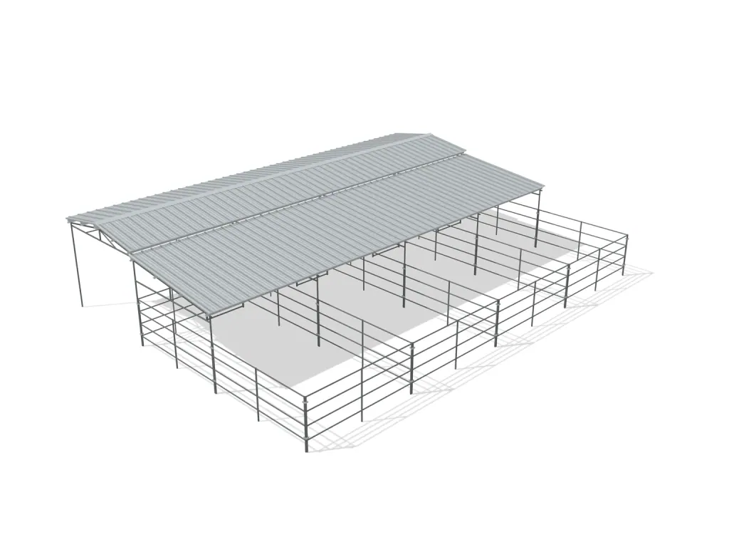 4-stall shed row mare motel, 12 by 24 ft stalls, 12 ft aisle, 4 rail, partially covered with open rear runs, bare metal.