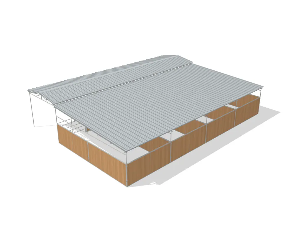 4-stall shed row mare motel, 12 by 24 ft stalls, 12 ft aisle, Heritage wood board, full roof, dapple grey.