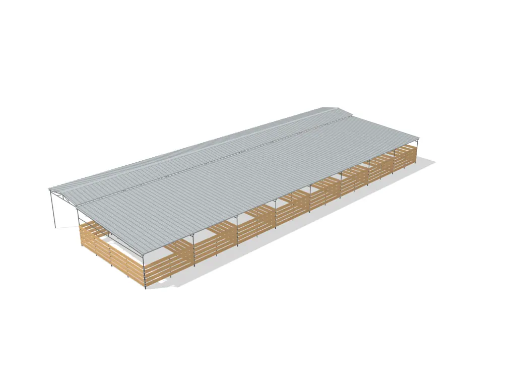 8-stall shed row mare motel, 12 by 24 ft stalls, 12 ft aisle, Wood insert, full roof, bare metal.