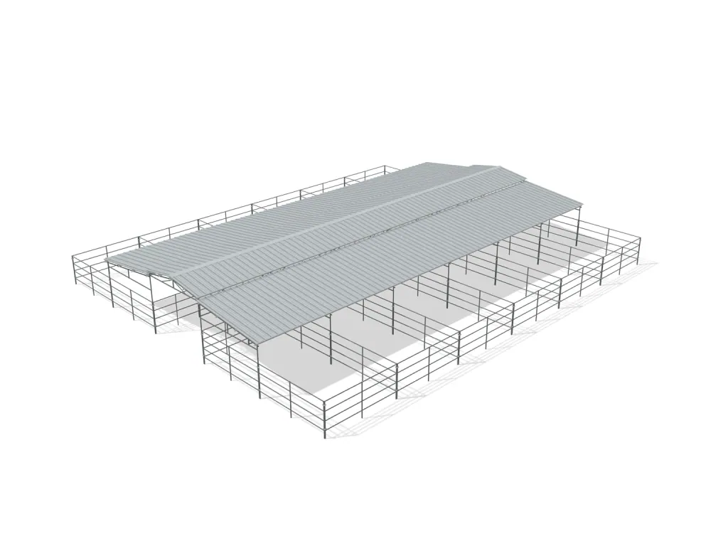 12-stall center aisle mare motel, 12 by 24 ft stalls, 12 ft aisle, 4 rail, partially covered with open rear runs, bare metal.