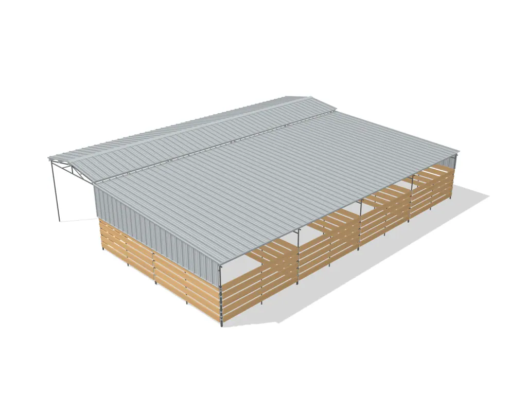 4-stall shed row mare motel, 12 by 24 ft stalls, 12 ft aisle, Wood insert + PBR siding, full roof, bare metal.