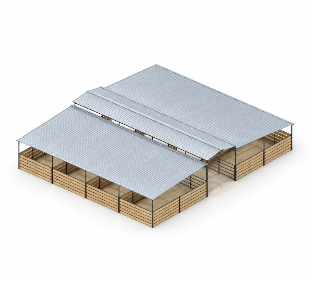 8-Stall Fully Covered Wood-Insert Mare Motel, 12x24 Stalls