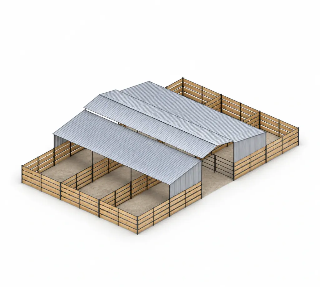 6-Stall Wood-Insert Mare Motel with PBR Siding, 12x24 Stalls