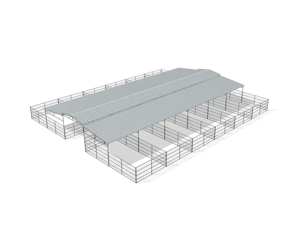 12-stall center aisle mare motel, 12 by 24 ft stalls, 12 ft aisle, Welded wire 5 ft, partially covered with open rear runs, bare metal.