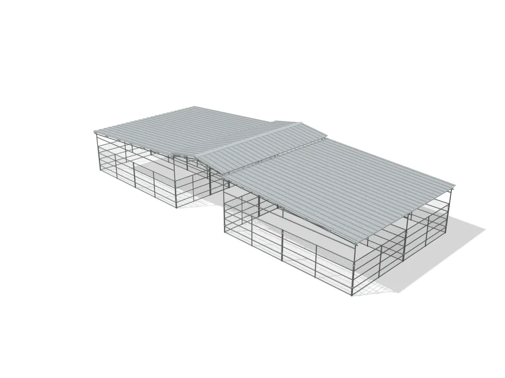 4-stall center aisle mare motel, 12 by 24 ft stalls, 12 ft aisle, Welded wire 5 ft, full roof, bare metal.