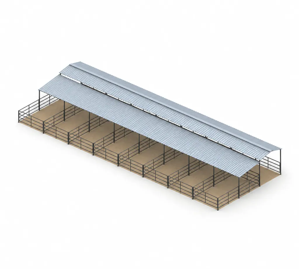 8-Stall 4-Rail Shed Row Mare Motel, 12x24 Stalls