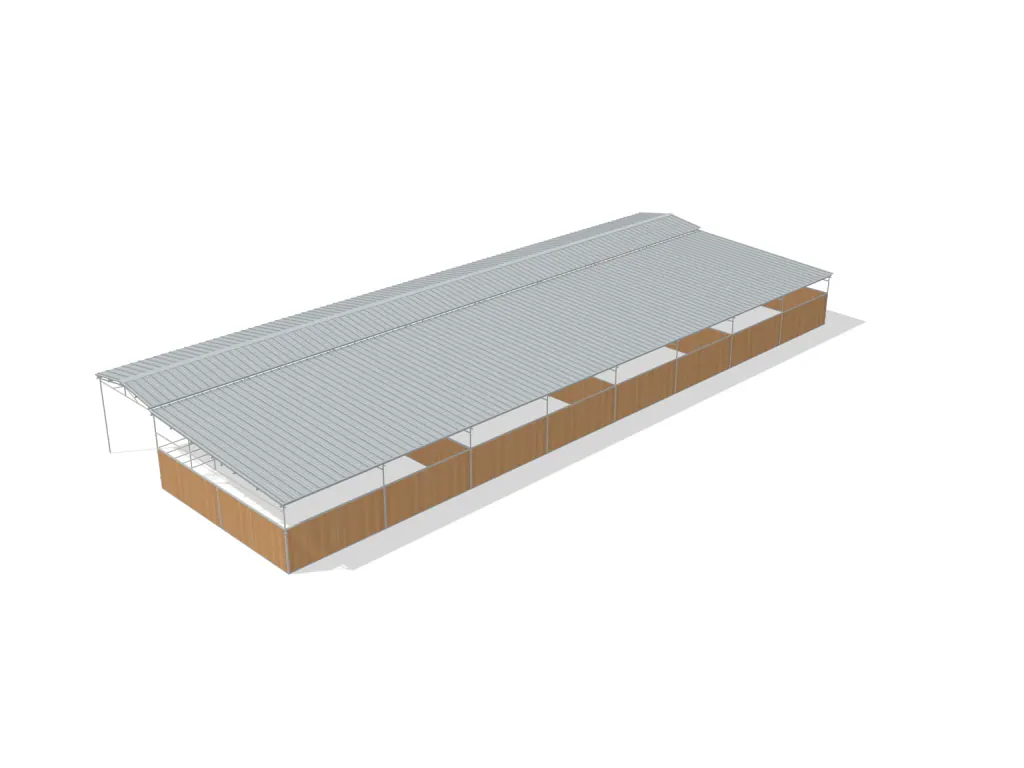 4-stall shed row mare motel, 24 by 24 ft stalls, 12 ft aisle, Heritage wood board, full roof, dapple grey.