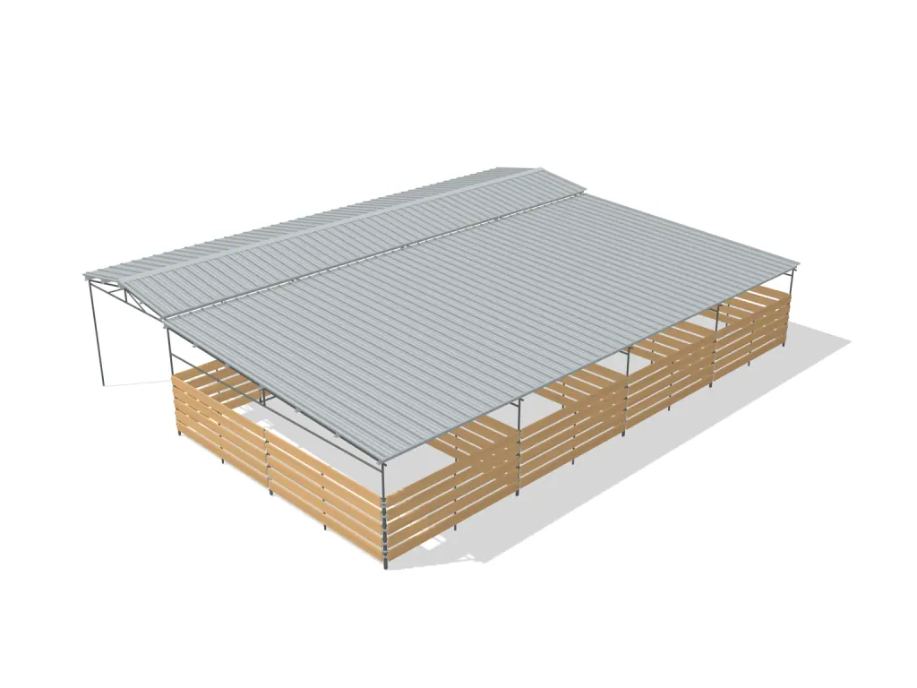 4-stall shed row mare motel, 12 by 24 ft stalls, 12 ft aisle, Wood insert, full roof, bare metal.
