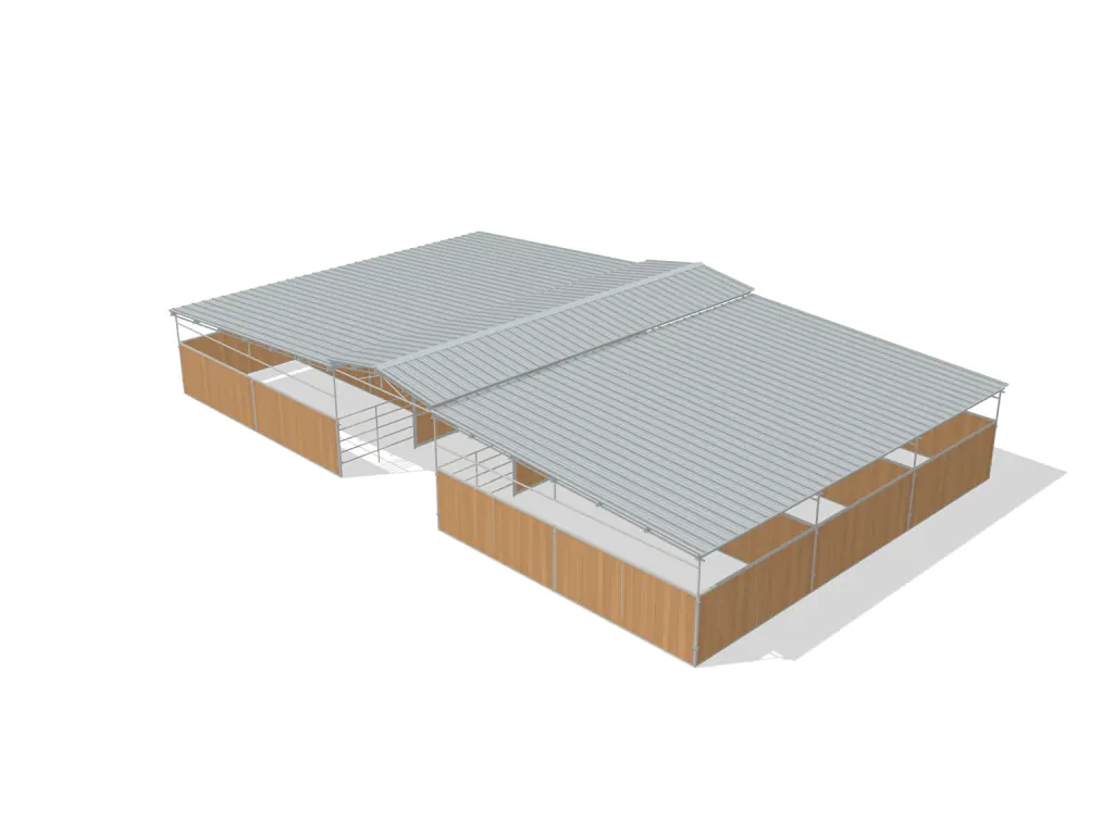 6-stall center aisle mare motel, 12 by 24 ft stalls, 12 ft aisle, Heritage wood board, full roof, dapple grey.