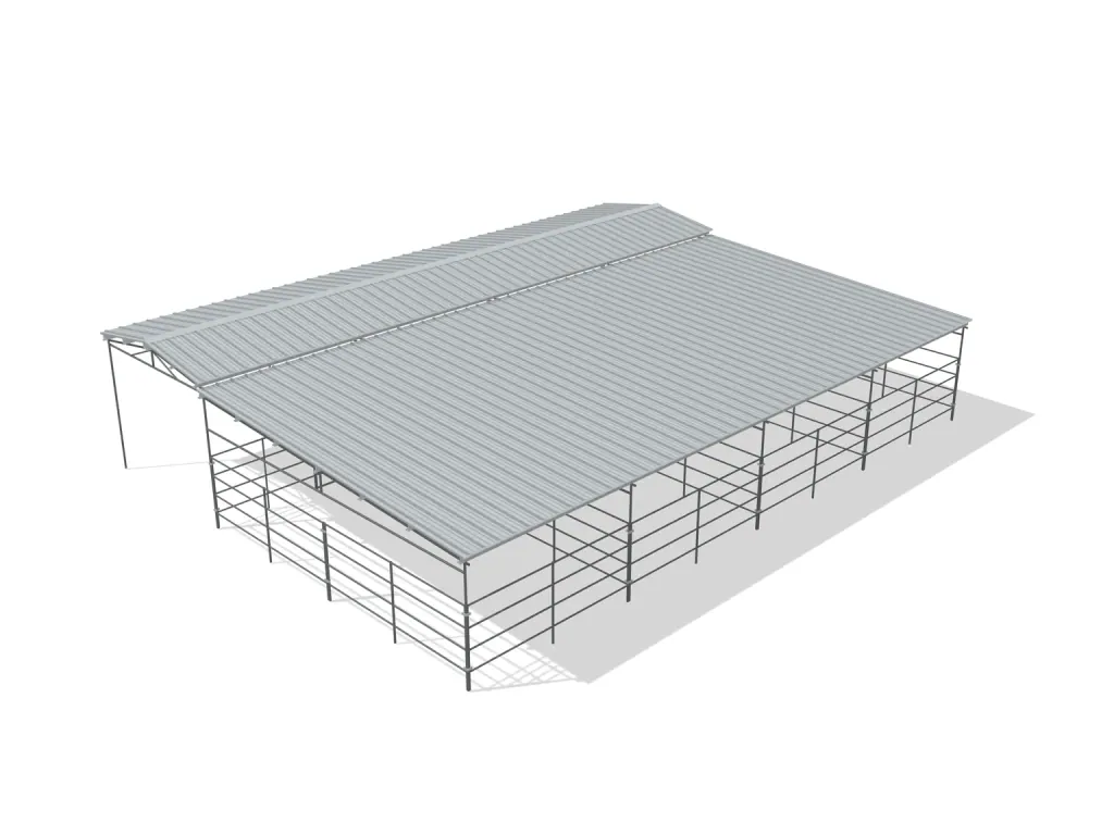 4-stall shed row mare motel, 12 by 24 ft stalls, 12 ft aisle, 4 rail, full roof, bare metal.