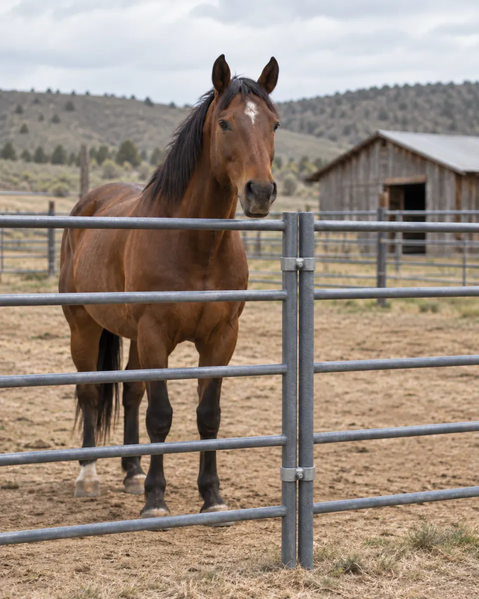 Bay horse behind gray steel corral panels on a quiet ranch