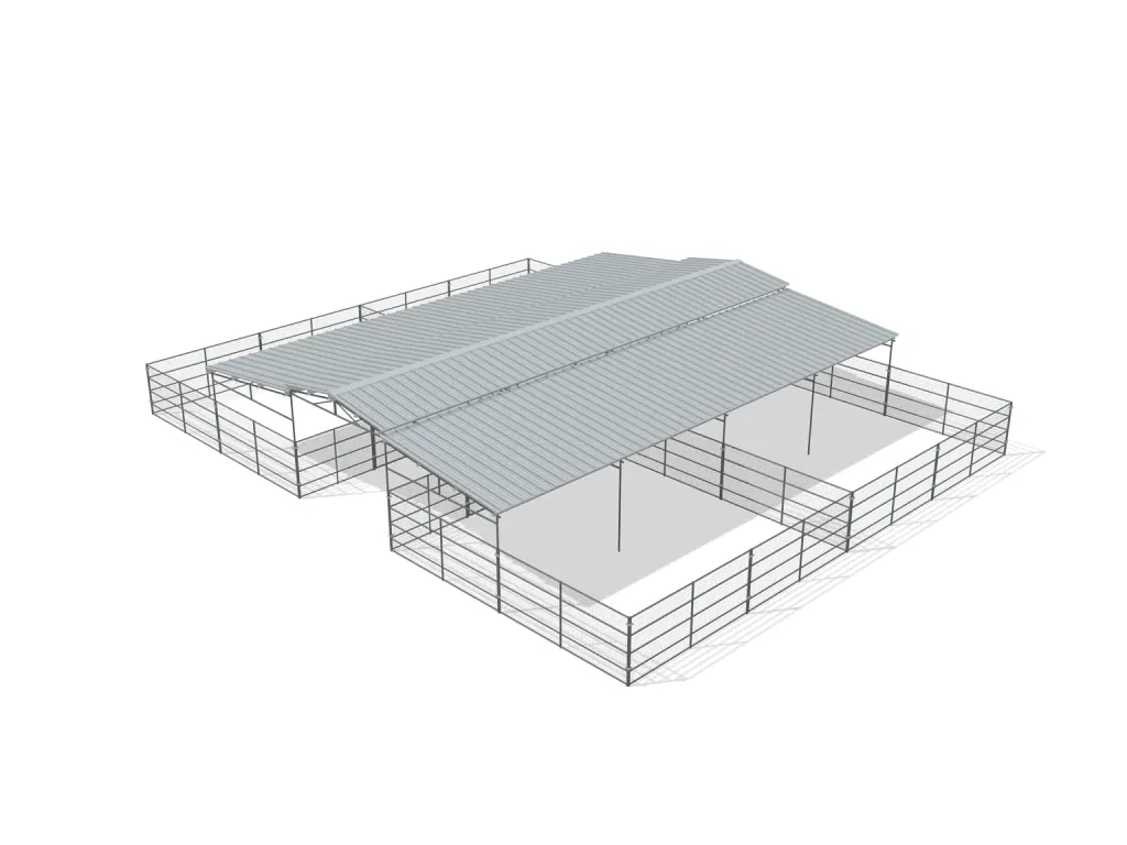 4-stall center aisle mare motel, 24 by 24 ft stalls, 12 ft aisle, Welded wire 5 ft, partially covered with open rear runs, bare metal.