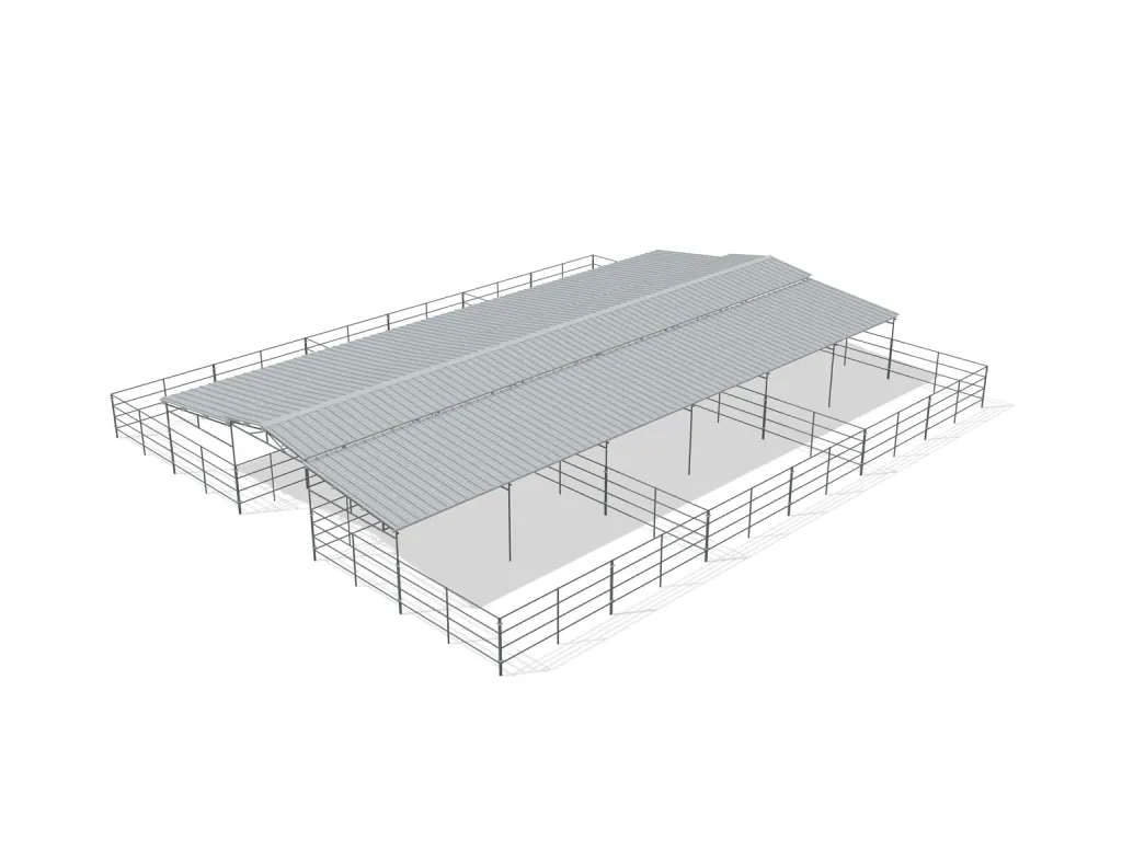 6-stall center aisle mare motel, 24 by 24 ft stalls, 12 ft aisle, 4 rail, partially covered with open rear runs, bare metal.