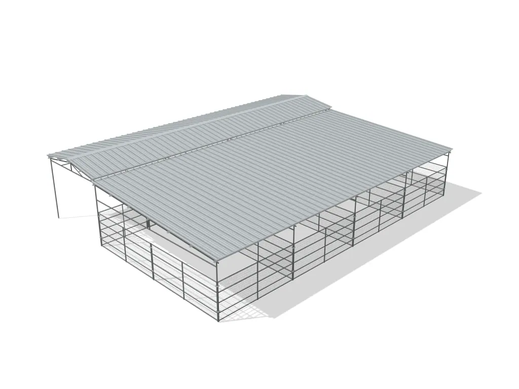 4-stall shed row mare motel, 12 by 24 ft stalls, 12 ft aisle, Welded wire 5 ft, full roof, bare metal.