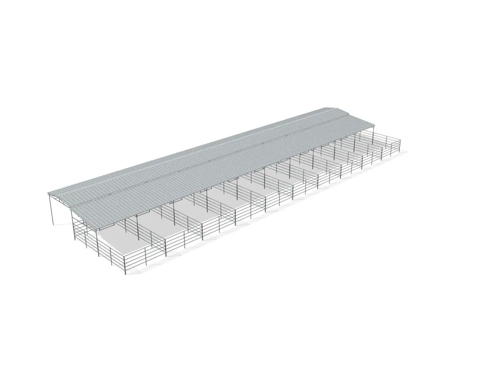 10-stall shed row mare motel, 12 by 24 ft stalls, 12 ft aisle, 5 rail, partially covered with open rear runs, bare metal.
