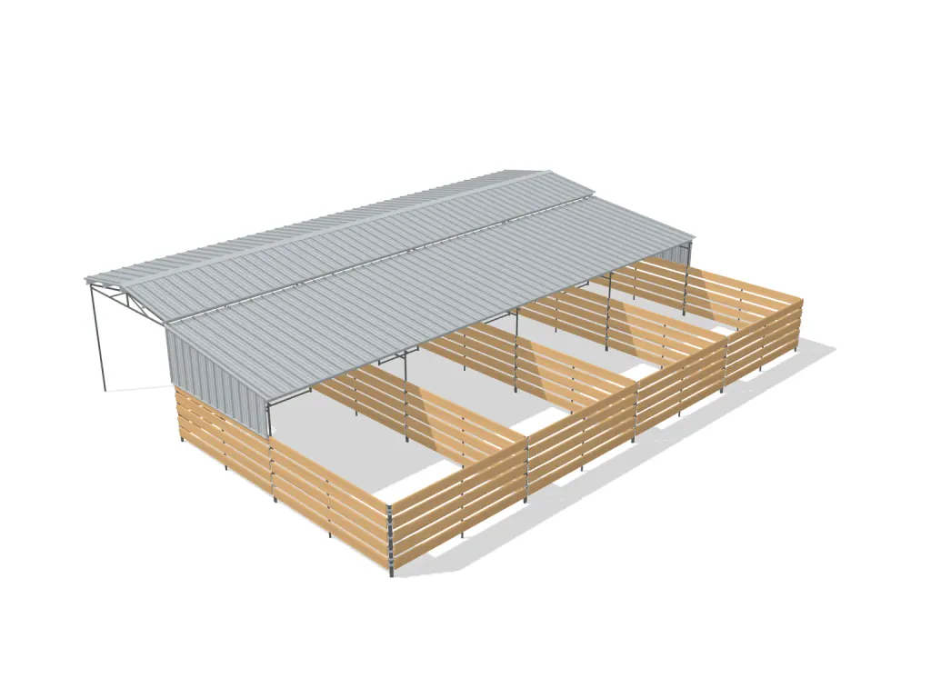 4-stall shed row mare motel, 12 by 24 ft stalls, 12 ft aisle, Wood insert + PBR siding, partially covered with open rear runs, bare metal.