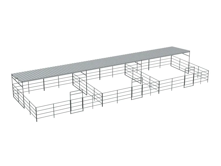 3-Stall 24x24, 4-Rail, Half Covered, Sloped Roof