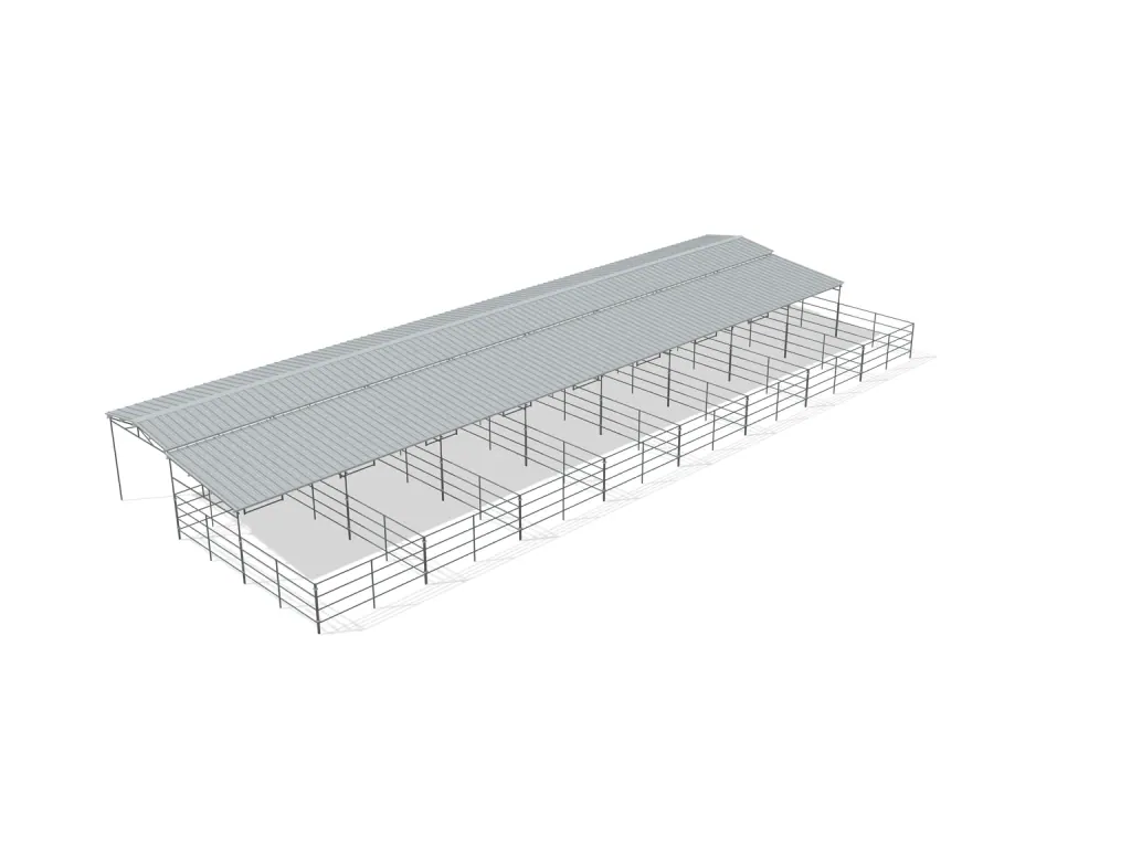 8-stall shed row mare motel, 12 by 24 ft stalls, 12 ft aisle, 4 rail, partially covered with open rear runs, bare metal.