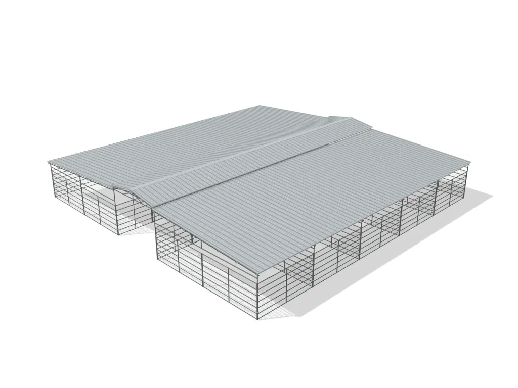 10-stall center aisle mare motel, 12 by 24 ft stalls, 12 ft aisle, Welded wire 6 ft, full roof, bare metal.