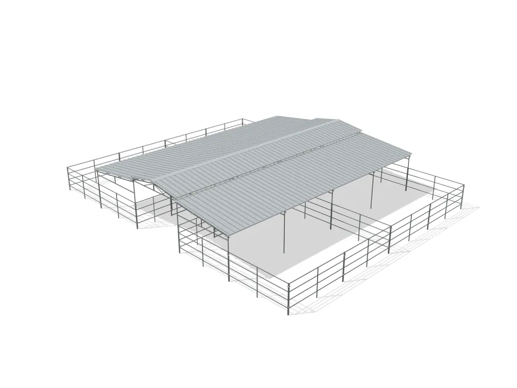 4-stall center aisle mare motel, 24 by 24 ft stalls, 12 ft aisle, 4 rail, partially covered with open rear runs, bare metal.