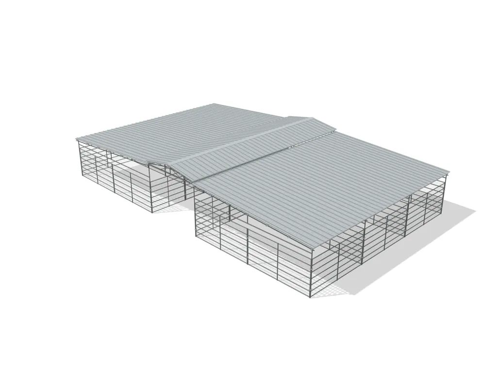 6-stall center aisle mare motel, 12 by 24 ft stalls, 12 ft aisle, Welded wire 6 ft, full roof, bare metal.