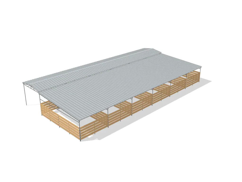 6-stall shed row mare motel, 12 by 24 ft stalls, 12 ft aisle, Wood insert, full roof, bare metal.
