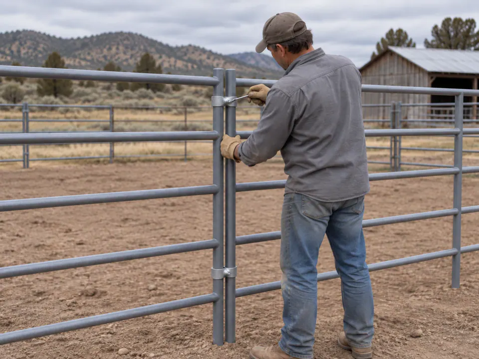 Installer fastening gray five-rail corral panels at a ranch