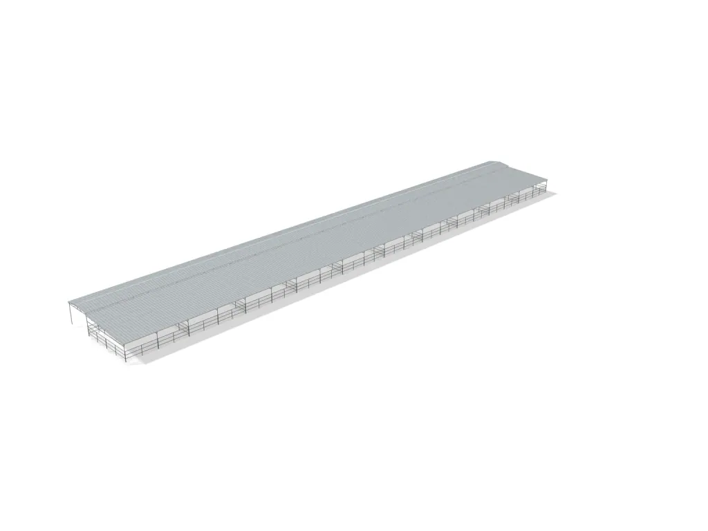 10-stall shed row mare motel, 24 by 24 ft stalls, 12 ft aisle, Welded wire 5 ft, full roof, bare metal.