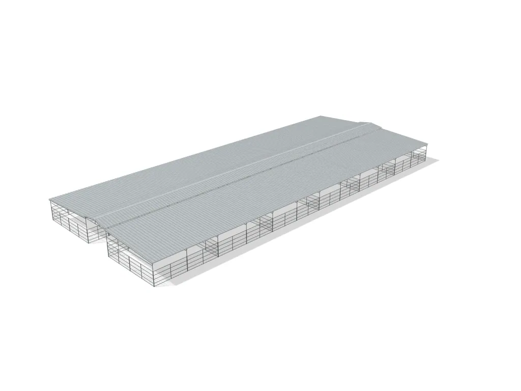 12-stall center aisle mare motel, 24 by 24 ft stalls, 12 ft aisle, Welded wire 5 ft, full roof, bare metal.