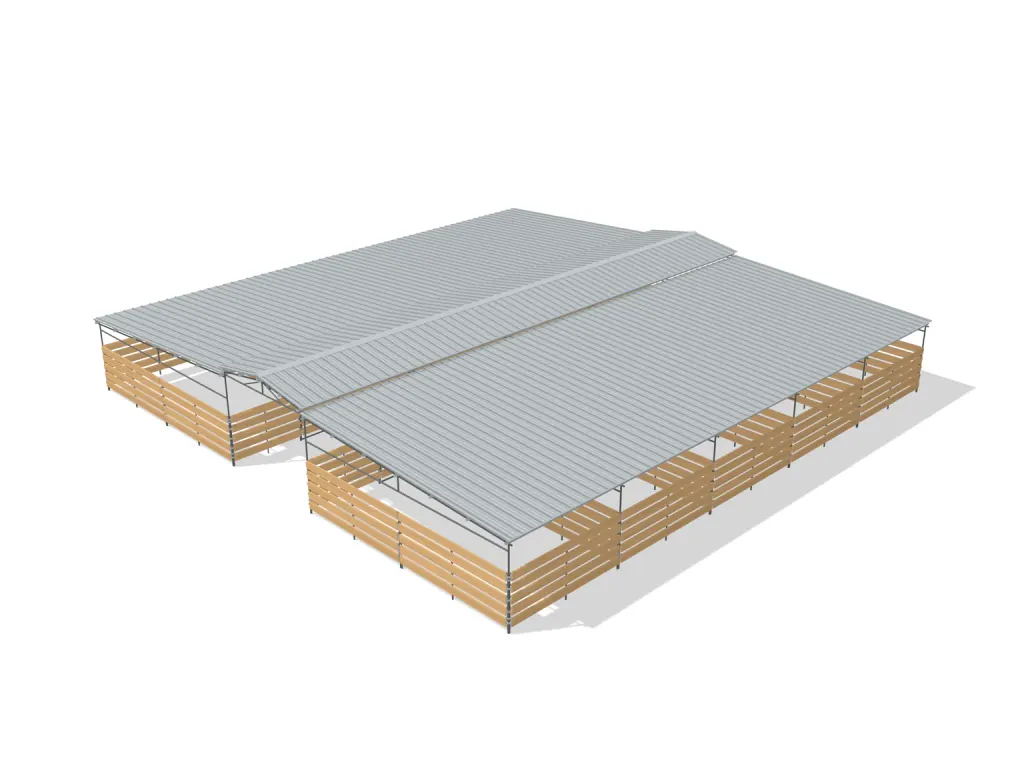 10-stall center aisle mare motel, 12 by 24 ft stalls, 12 ft aisle, Wood insert, full roof, bare metal.