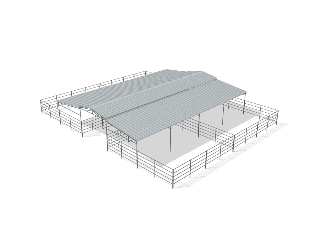 4-stall center aisle mare motel, 24 by 24 ft stalls, 12 ft aisle, 5 rail, partially covered with open rear runs, bare metal.