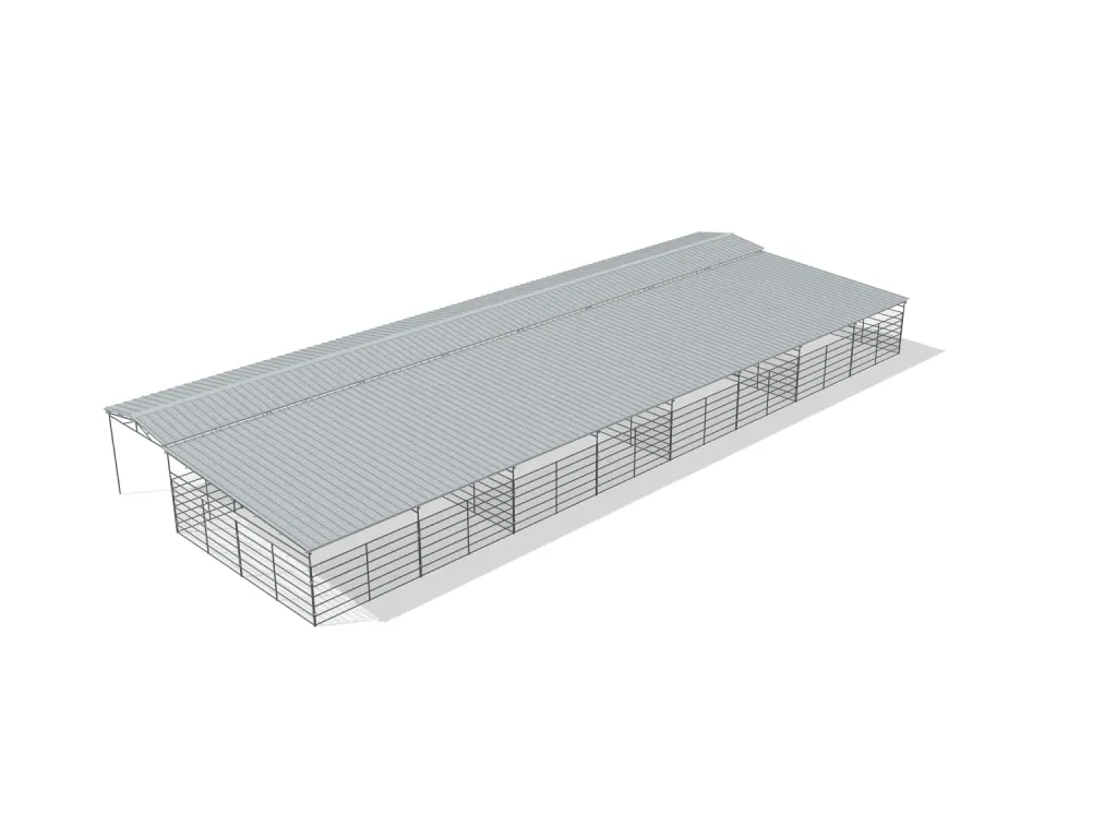 4-stall shed row mare motel, 24 by 24 ft stalls, 12 ft aisle, Welded wire 6 ft, full roof, bare metal.