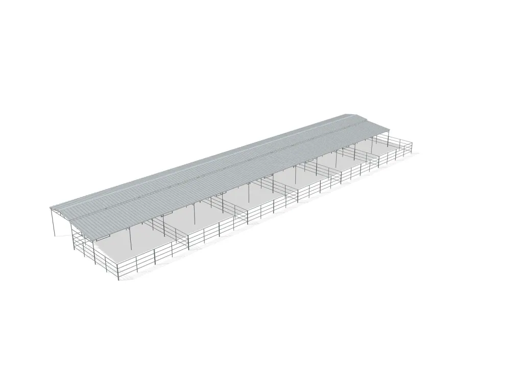 6-stall shed row mare motel, 24 by 24 ft stalls, 12 ft aisle, 4 rail, partially covered with open rear runs, bare metal.