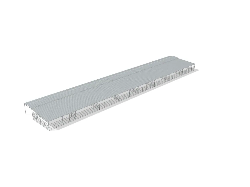8-stall shed row mare motel, 24 by 24 ft stalls, 12 ft aisle, Welded wire 5 ft, full roof, bare metal.