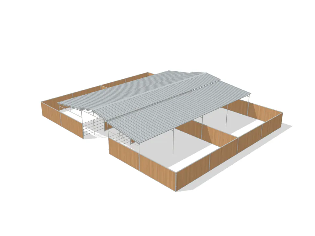 4-stall center aisle mare motel, 24 by 24 ft stalls, 12 ft aisle, Heritage wood board, partially covered with open rear runs, dapple grey.