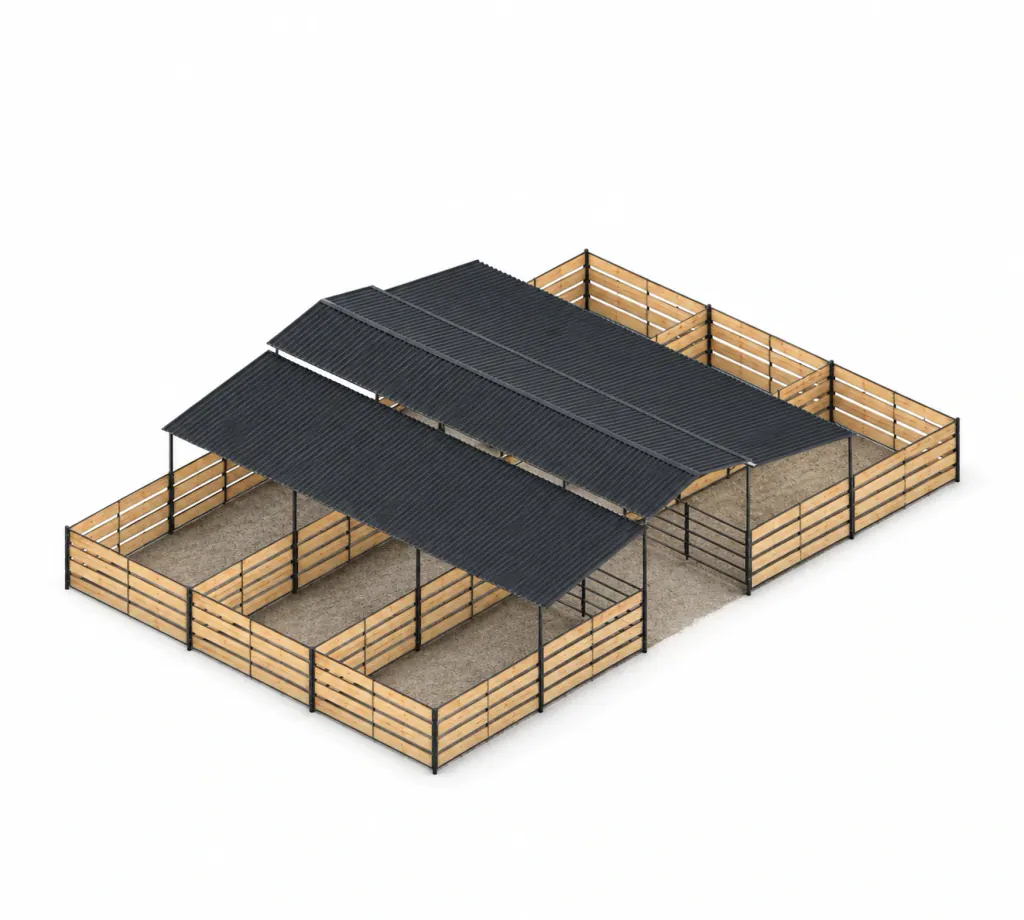6-Stall 5-Rail Wood-Insert Mare Motel, 12x24 Stalls