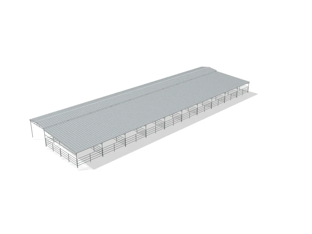 10-stall shed row mare motel, 12 by 24 ft stalls, 12 ft aisle, 5 rail, full roof, bare metal.