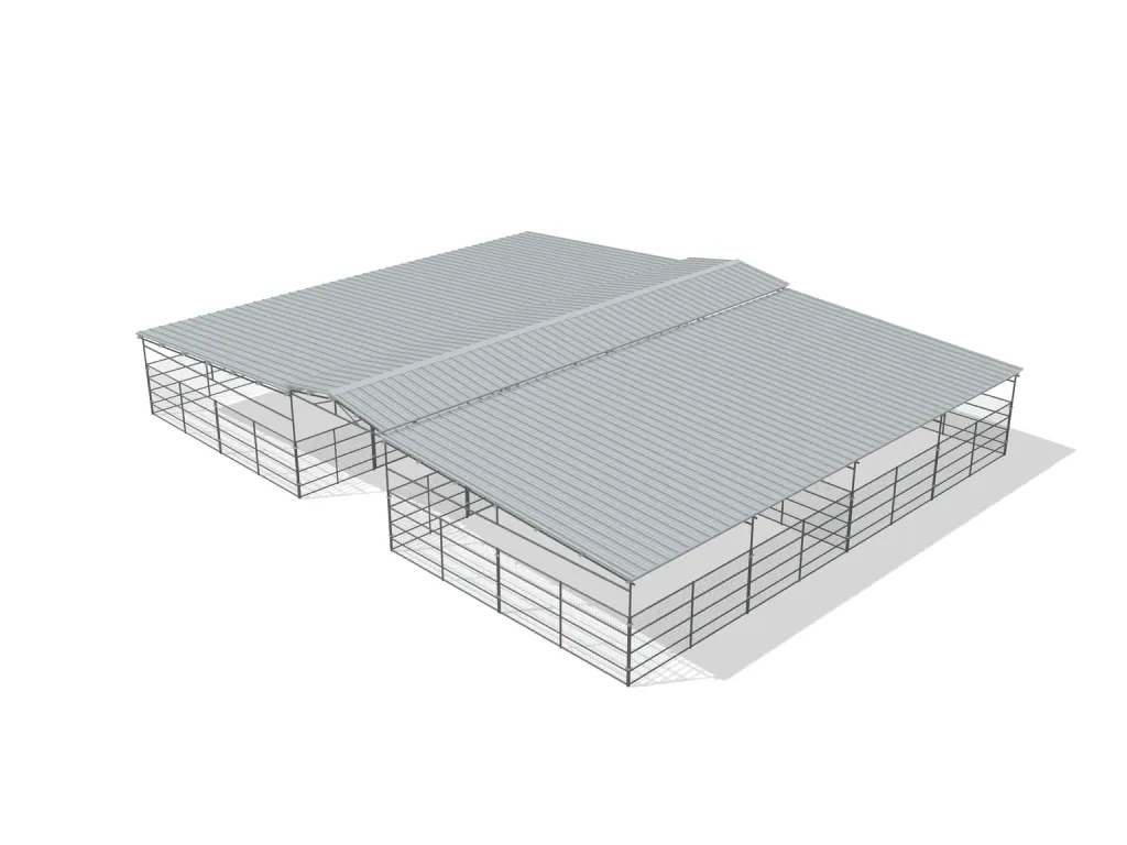 4-stall center aisle mare motel, 24 by 24 ft stalls, 12 ft aisle, Welded wire 5 ft, full roof, bare metal.