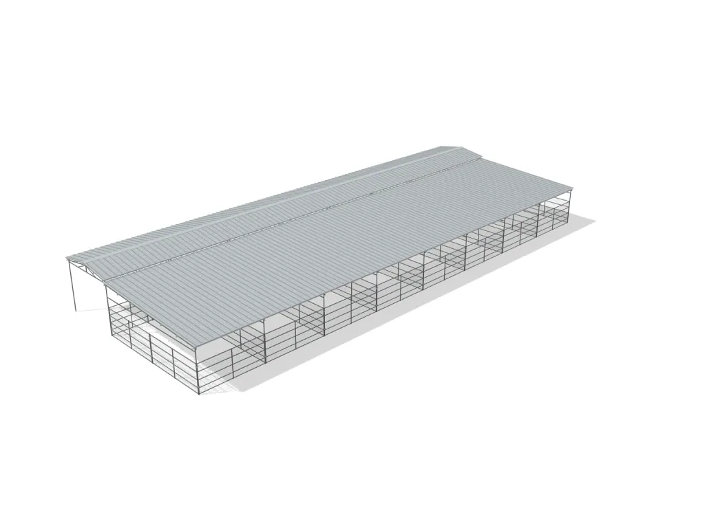 8-stall shed row mare motel, 12 by 24 ft stalls, 12 ft aisle, Welded wire 5 ft, full roof, bare metal.
