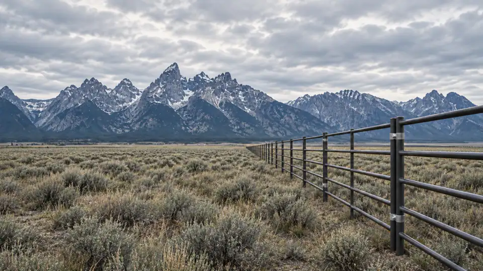 Five-rail horse corral panels with paired end posts and galvanized saddle clamps below the Teton mountains