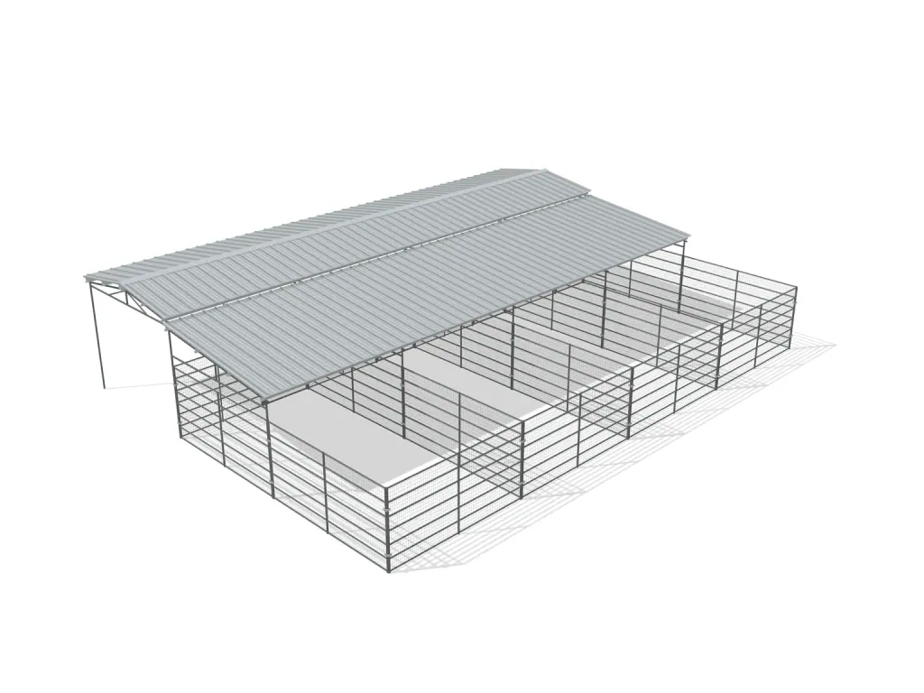 4-stall shed row mare motel, 12 by 24 ft stalls, 12 ft aisle, Welded wire 6 ft, partially covered with open rear runs, bare metal.